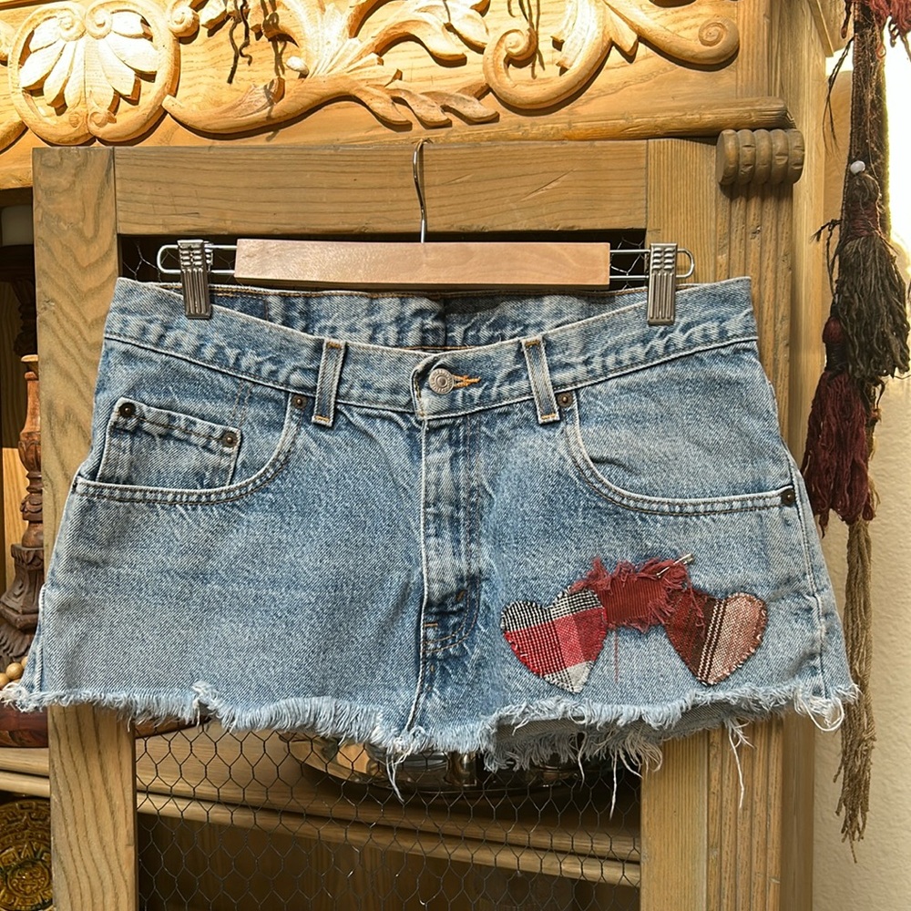 Urban Renewal Levi's Denim Jean Mini Skirt with Heart Patches